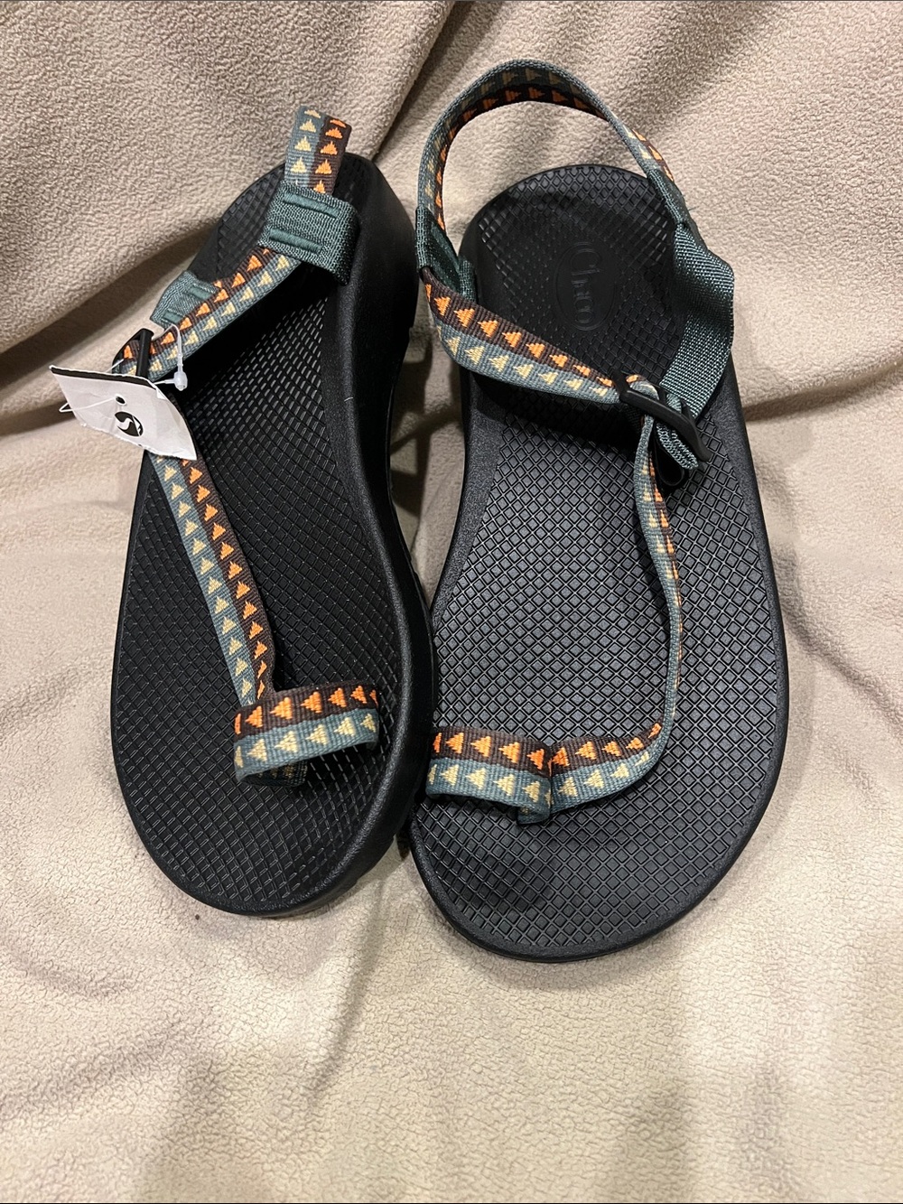 Chaco Men's Black Sandals with Green Straps and Orange Accents